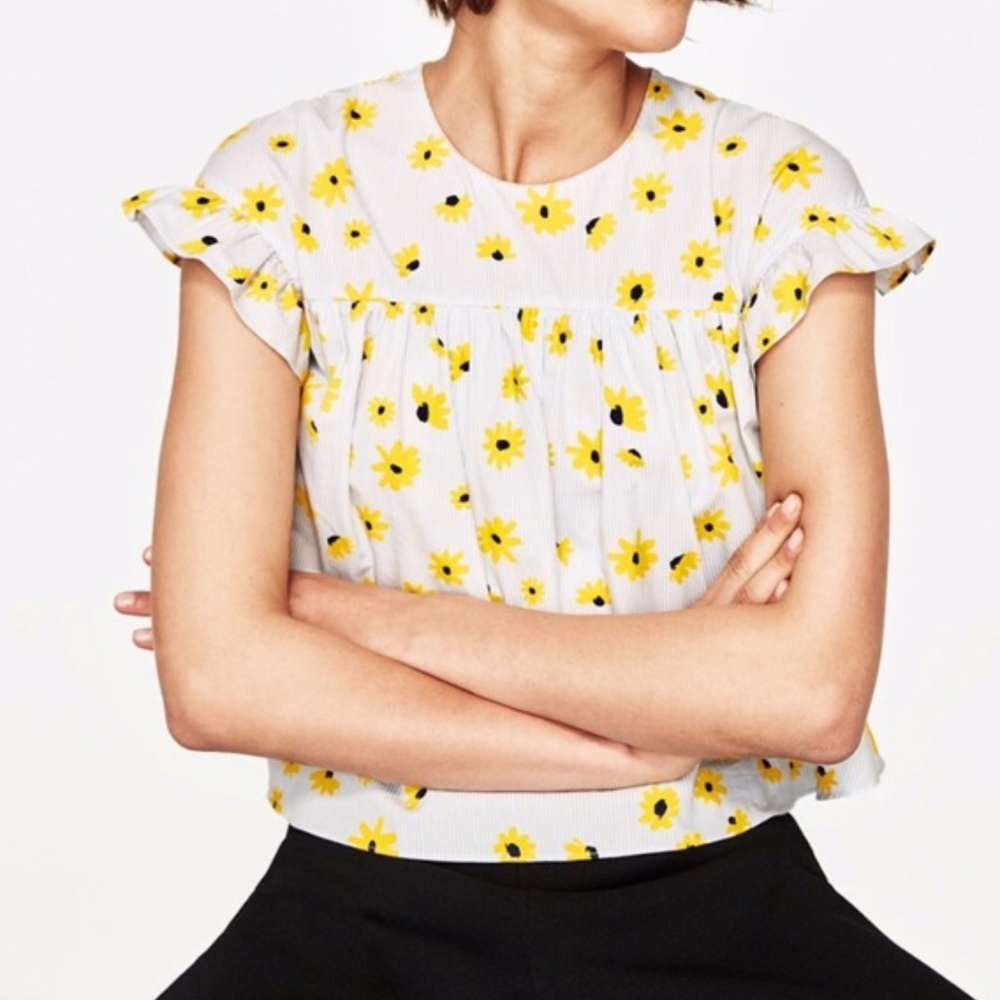 ZARA Blue Stripe Sunflower Print Short Sleeve